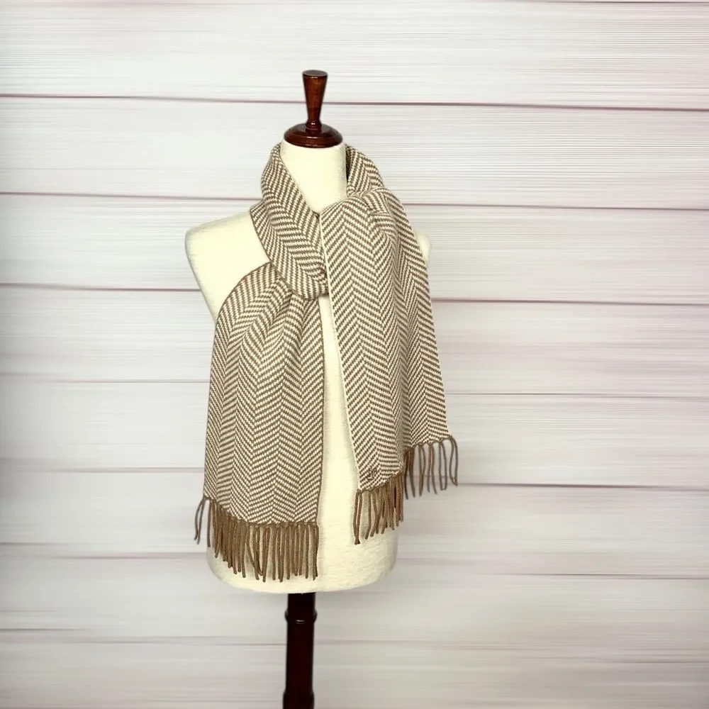 Lauren Ralph Lauren Wool Herringbone Scarf Tan Beige With Fridges Men's Women's